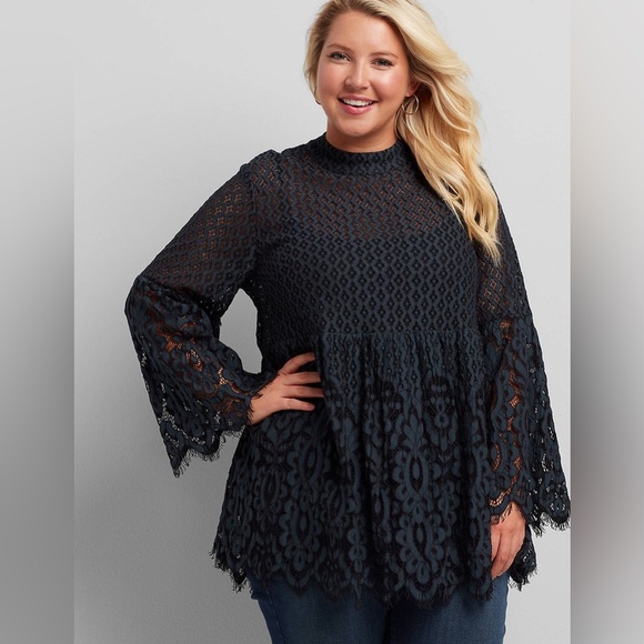 Lane Bryant Babydoll Tunic Top Women 16 Blue Lace Bell Sleeve Cottagecore Fairy - Picture 1 of 13